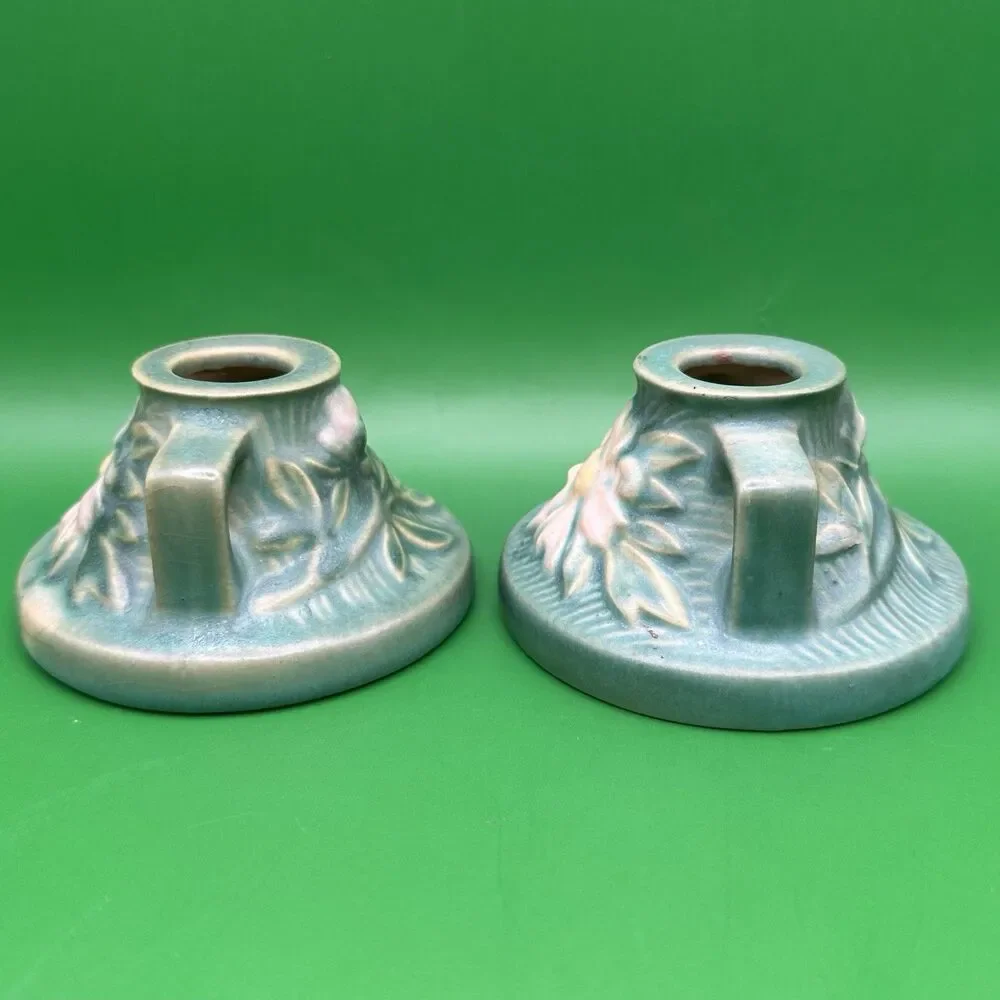 Vintage Roseville Pottery Cosmos Candlestick Holders Blue Green 1151-2 Pair 1940